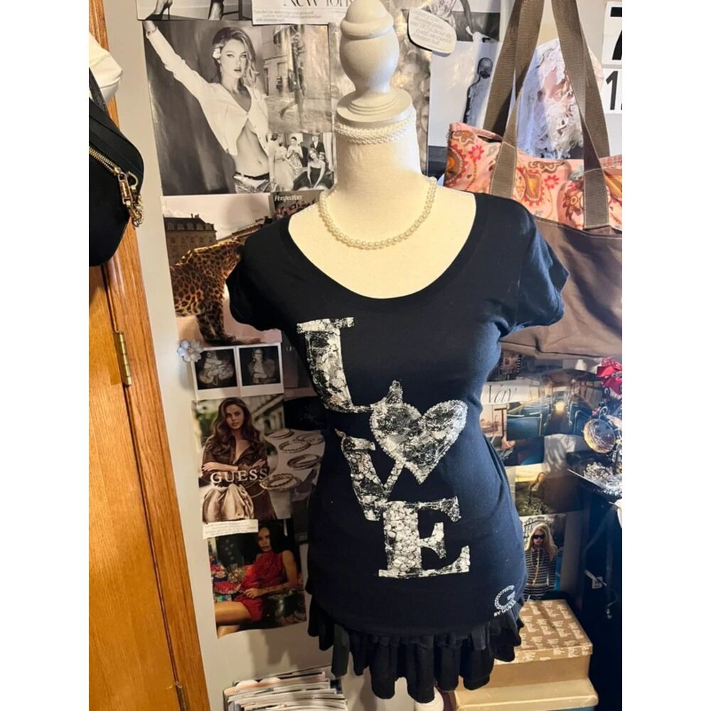 Guess T Shirt with Love Graphic that has snake print and rhinestones